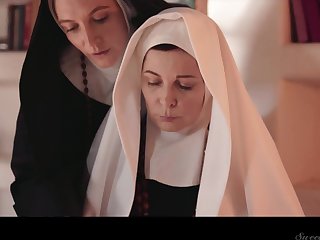 Four sinful mature nuns are licking and munching each others pussies